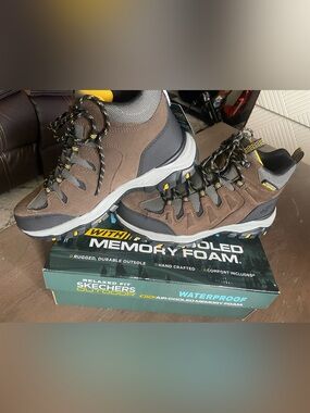 Skechers Brown and Gray Outdoor Waterproof Hikers with Yellow Accents